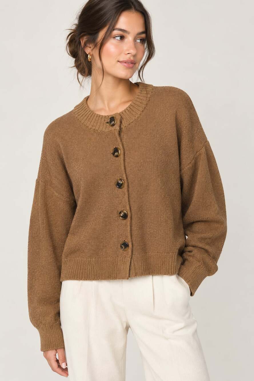 Quince 100% Organic Cotton Cropped Cardigan in Brown Size Medium
